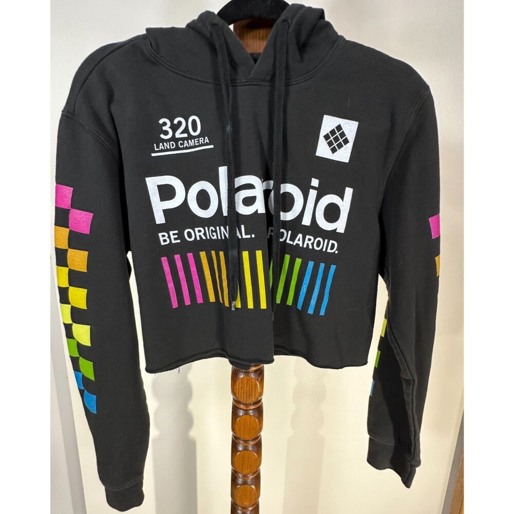 Polaroid Black Cropped Hoodie with Multicolor Stripe Graphics